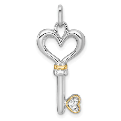 Sterlingsilber Rhodiniert-pl mit Silber/14K Bicolor Akzente Poliert Zirkonia Herz Key Anhänger