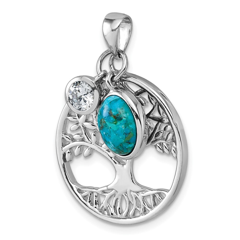 Sterlingsilber Rhodiniert-plat Zirkonia / Reconstructed Türkis Baum Of Leben Anhänger