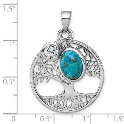 Sterlingsilber Rhodiniert-plat Zirkonia / Reconstructed Türkis Baum Of Leben Anhänger