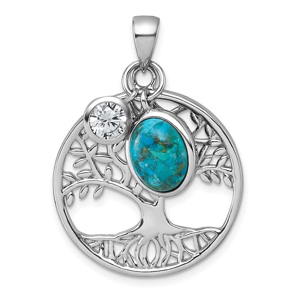 Sterlingsilber Rhodiniert-plat Zirkonia / Reconstructed Türkis Baum Of Leben Anhänger