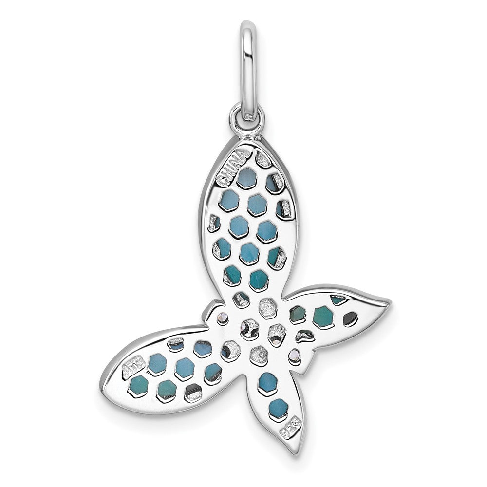 Sterlingsilber Rhodiniert-pl Poliert Larimar und Zirkonia Schmetterling Anhänger