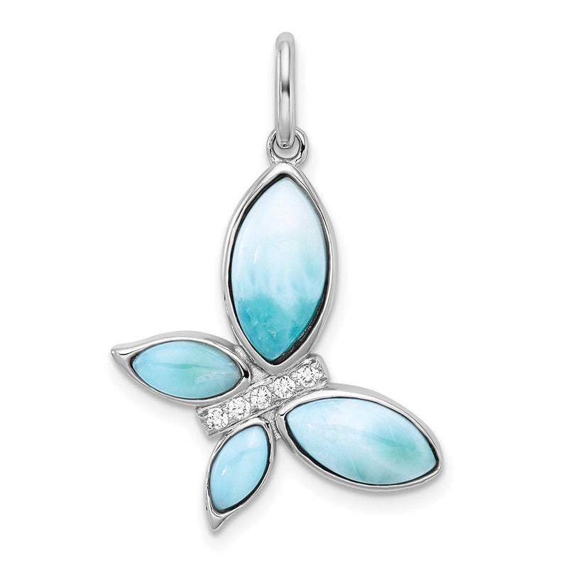 Sterlingsilber Rhodiniert-pl Poliert Larimar und Zirkonia Schmetterling Anhänger