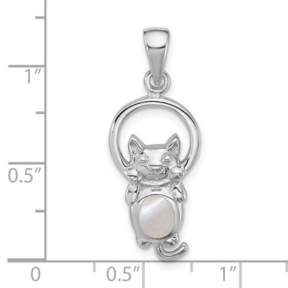 Sterlingsilber Rhodiniert Poliert Perlmutt Hanging Katze Anhänger