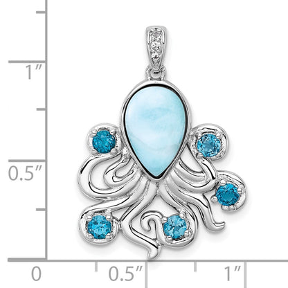 Sterlingsilber Rhodiniert-pl Poliert.04 Weiß Topas/.85 Blautopas /larimar Octopus Anhänger