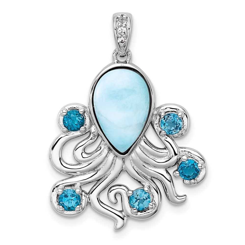 Sterlingsilber Rhodiniert-pl Poliert.04 Weiß Topas/.85 Blautopas /larimar Octopus Anhänger