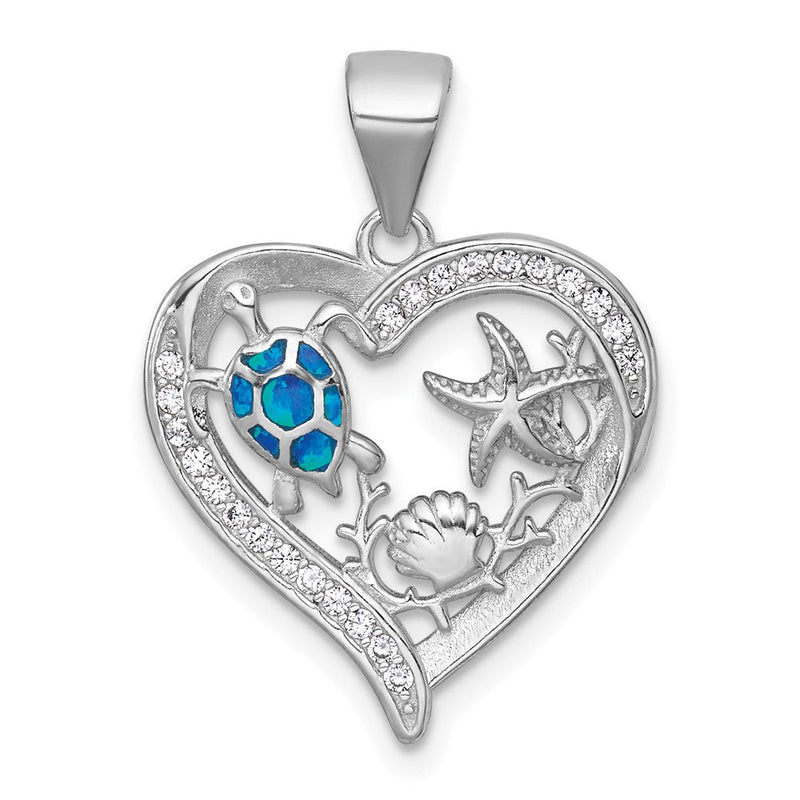 Sterlingsilber Rhodiniert-plat Strukturiert Blau Erzeugt Opal Zirkonia Sealife Herz Anhänger