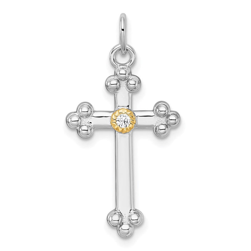 Sterlingsilber Rhodiniert-pl mit Silber/14K Bicolor Akzente Poliert Zirkonia Knospend Kreuz Anhänger