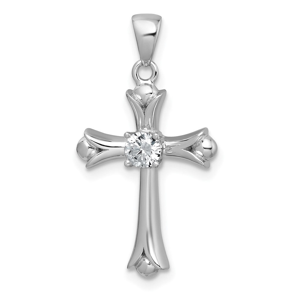 Sterlingsilber Rhodiniert Fleur De Lis Zirkonia Kreuz Anhänger