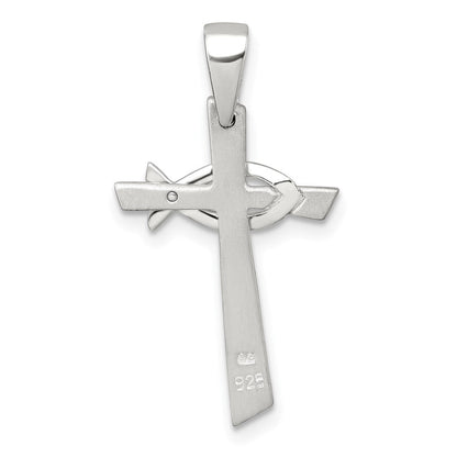 Sterlingsilber Gebürstet Kreuz mit Poliert Ichthus Fisch Anhänger