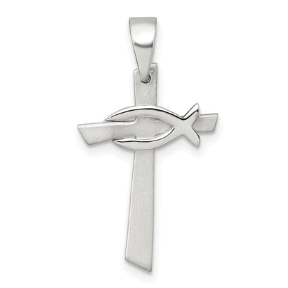 Sterlingsilber Gebürstet Kreuz mit Poliert Ichthus Fisch Anhänger