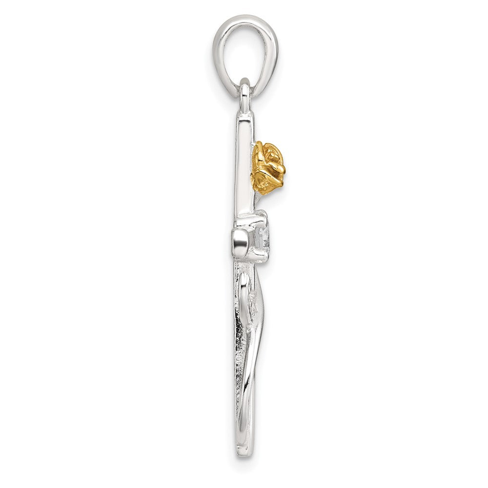 Sterlingsilber Goldfarben Zirkonia Kreuz mit Rose Anhänger