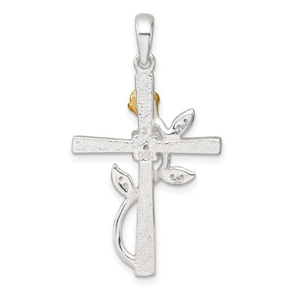Sterlingsilber Goldfarben Zirkonia Kreuz mit Rose Anhänger