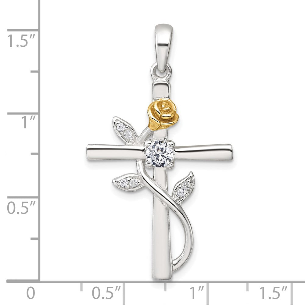 Sterlingsilber Goldfarben Zirkonia Kreuz mit Rose Anhänger