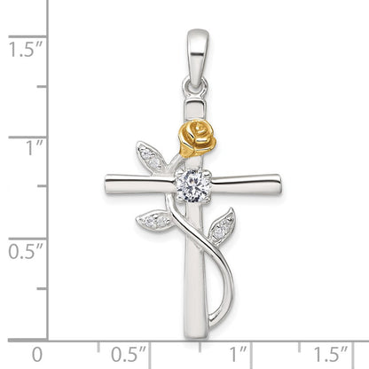 Sterlingsilber Goldfarben Zirkonia Kreuz mit Rose Anhänger