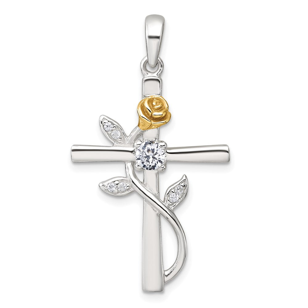 Sterlingsilber Goldfarben Zirkonia Kreuz mit Rose Anhänger