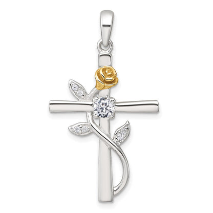 Sterlingsilber Goldfarben Zirkonia Kreuz mit Rose Anhänger
