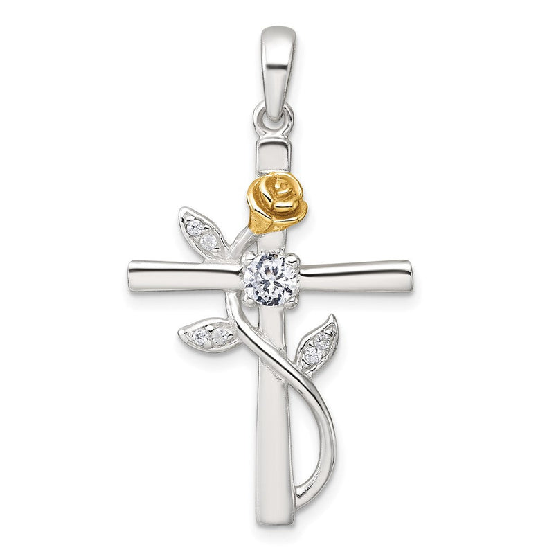 Sterlingsilber Goldfarben Zirkonia Kreuz mit Rose Anhänger