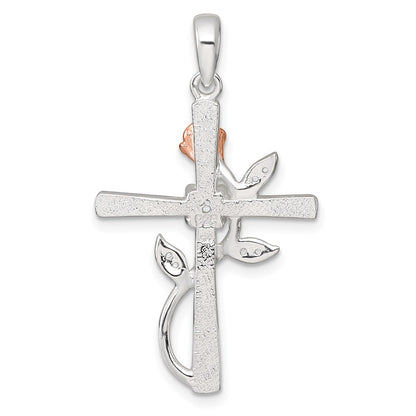 Sterlingsilber Roséfarben Zirkonia Kreuz mit Rose Anhänger