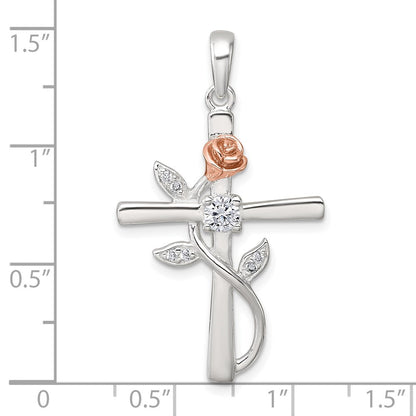 Sterlingsilber Roséfarben Zirkonia Kreuz mit Rose Anhänger