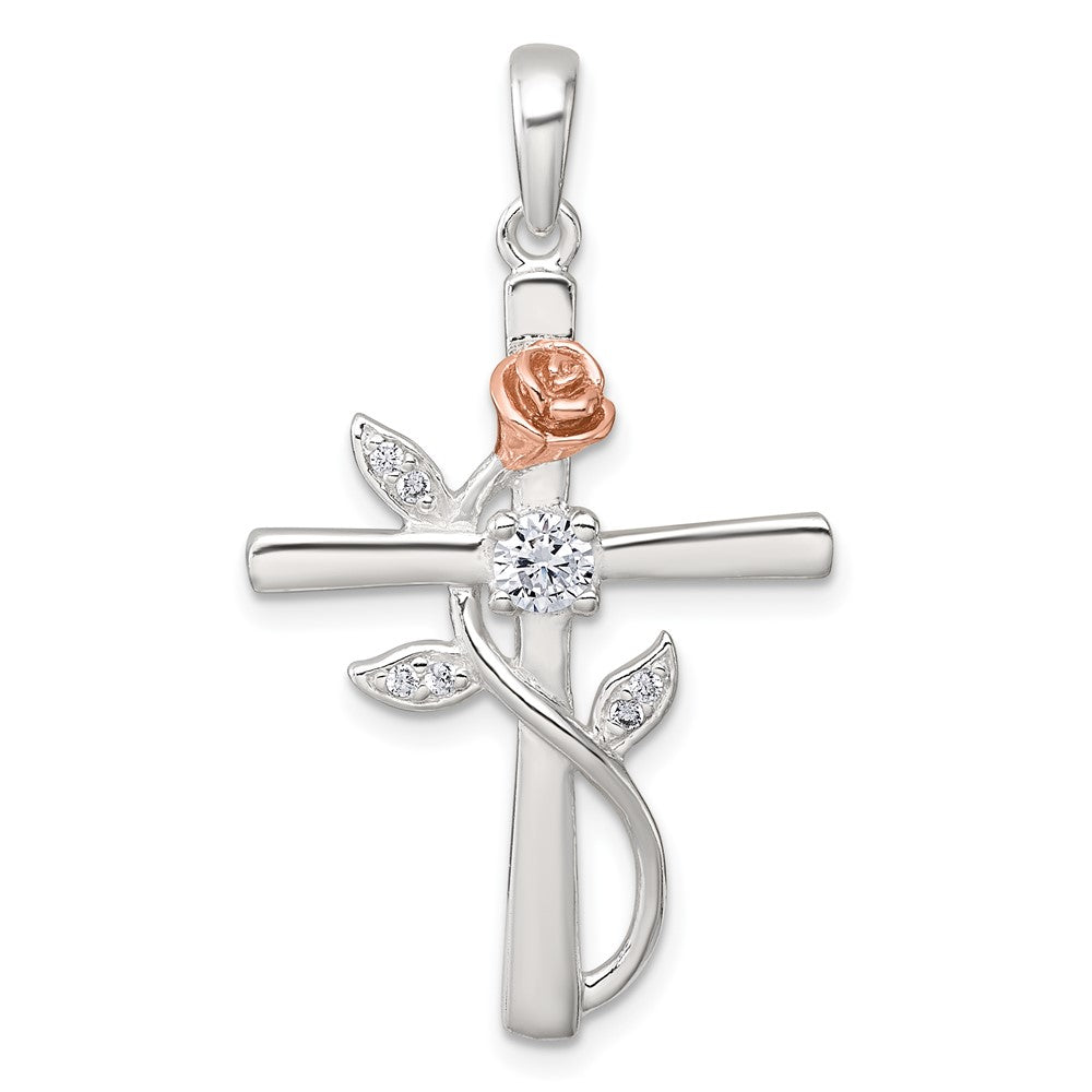 Sterlingsilber Roséfarben Zirkonia Kreuz mit Rose Anhänger