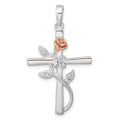 Sterlingsilber Roséfarben Zirkonia Kreuz mit Rose Anhänger