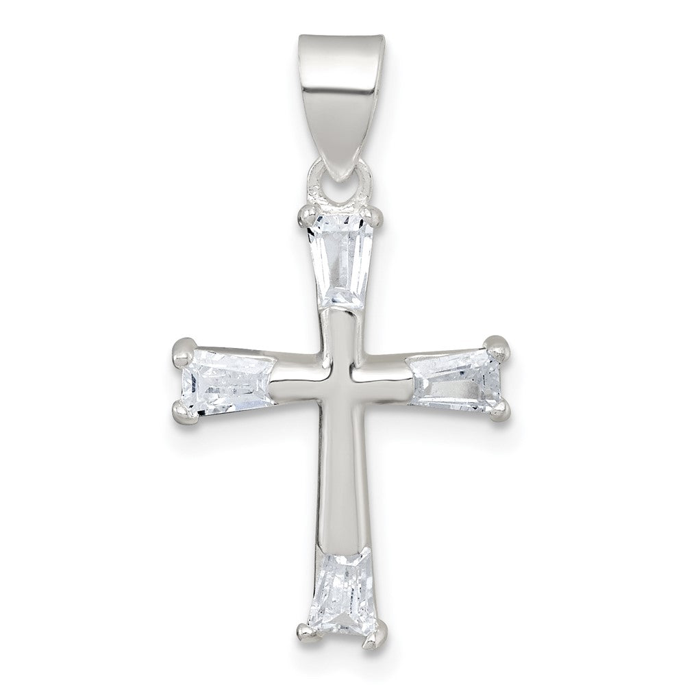 Sterlingsilber Poliert Verjüngt Baguette Zirkonia Kreuz Anhänger