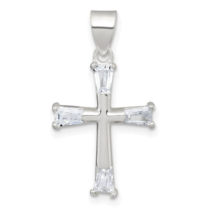 Sterlingsilber Poliert Verjüngt Baguette Zirkonia Kreuz Anhänger