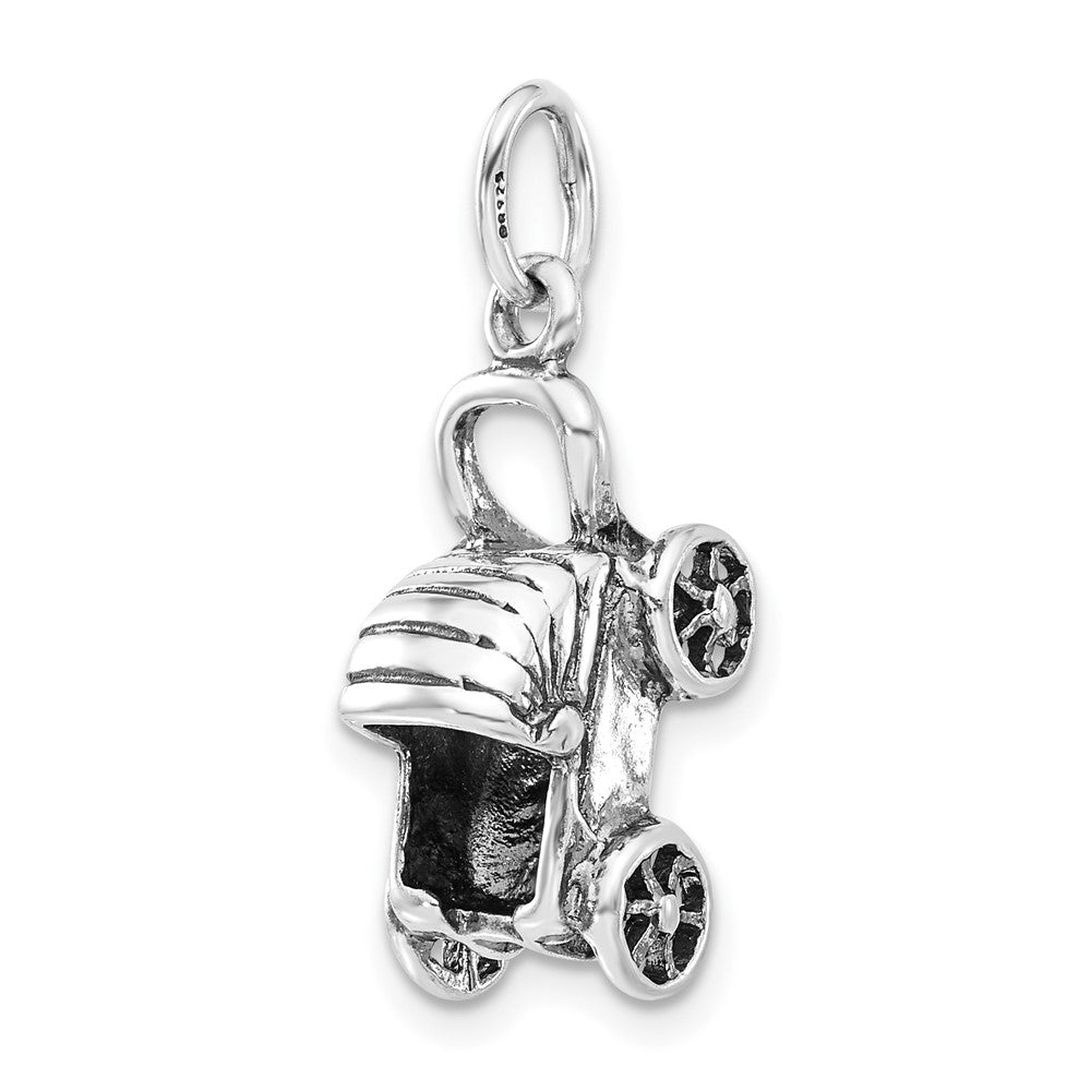 Sterlingsilber 3-d Poliert & Antikisiert Baby Buggy Charm
