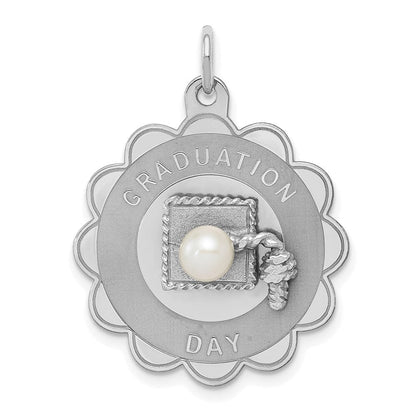 Sterlingsilber Rhodium Abschluss Day Plättchen mit Fw Zuchtperle Charm