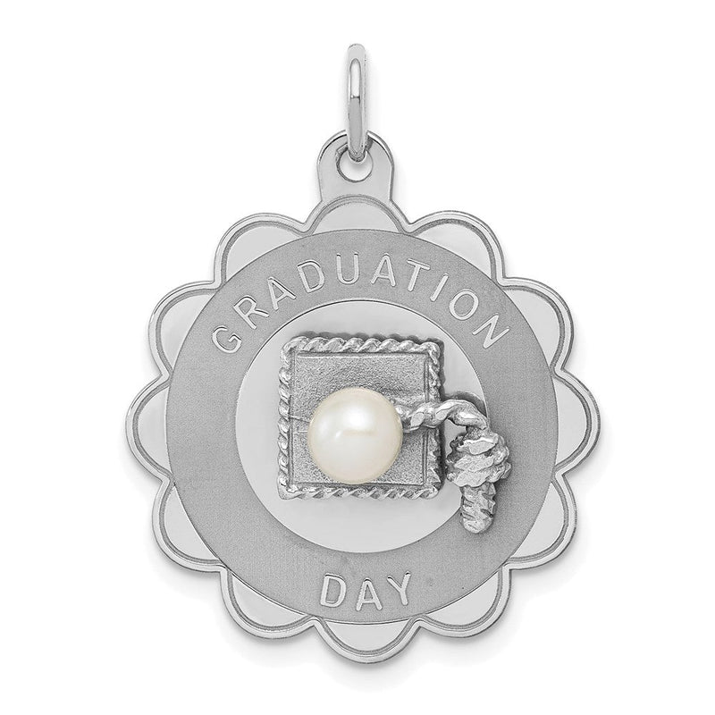 Sterlingsilber Rhodium Abschluss Day Plättchen mit Fw Zuchtperle Charm