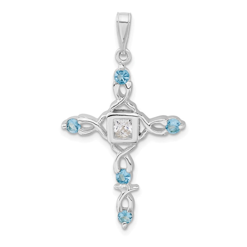 Sterlingsilber Poliert Blau & Klar Zirkonia Fantasie Kreuz Anhänger