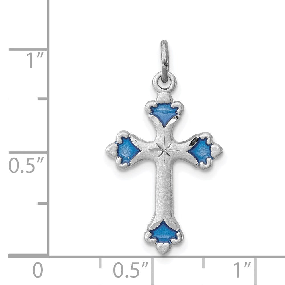 Sterlingsilber Rhodiniert Blau Emailliert Knospend Kreuz Charm