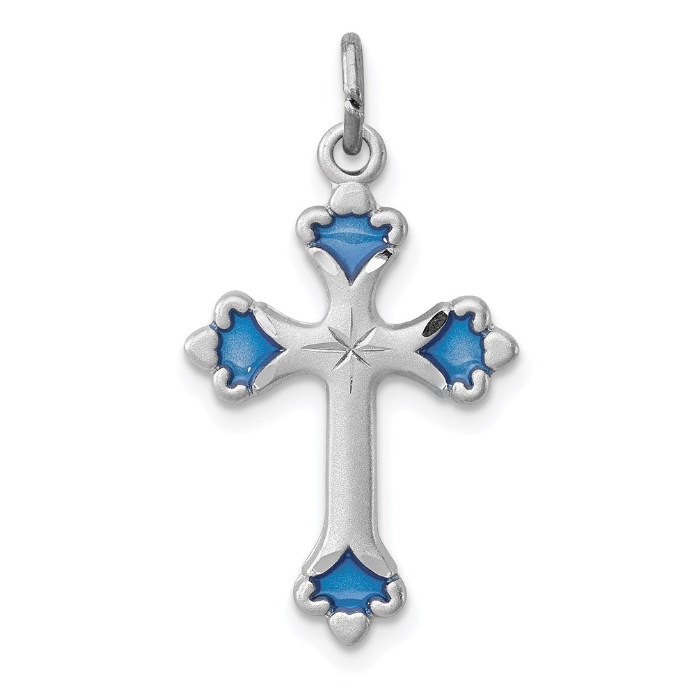 Sterlingsilber Rhodiniert Blau Emailliert Knospend Kreuz Charm