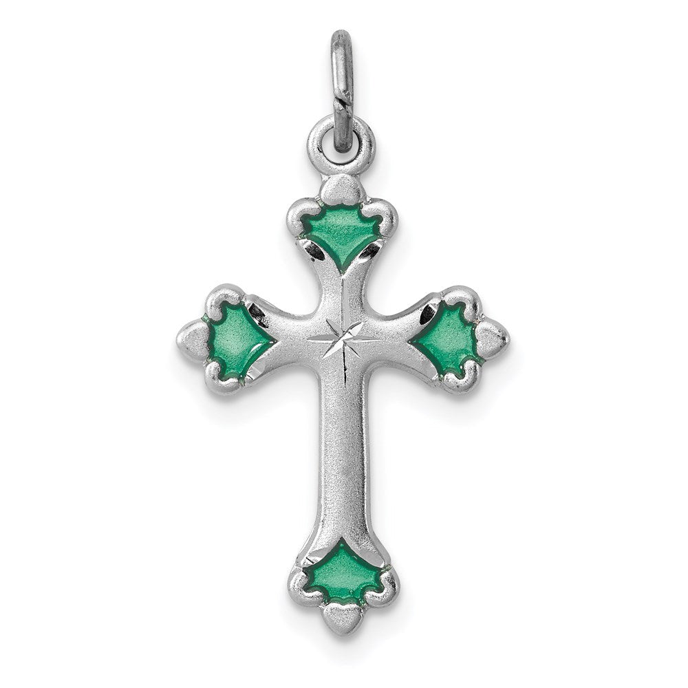 Sterlingsilber Rhodiniert Grün Emailliert Knospend Kreuz Charm