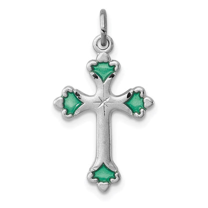 Sterlingsilber Rhodiniert Grün Emailliert Knospend Kreuz Charm