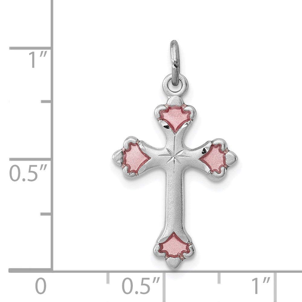 Sterlingsilber Rhodiniert Rosa Emailliert Knospend Kreuz Charm