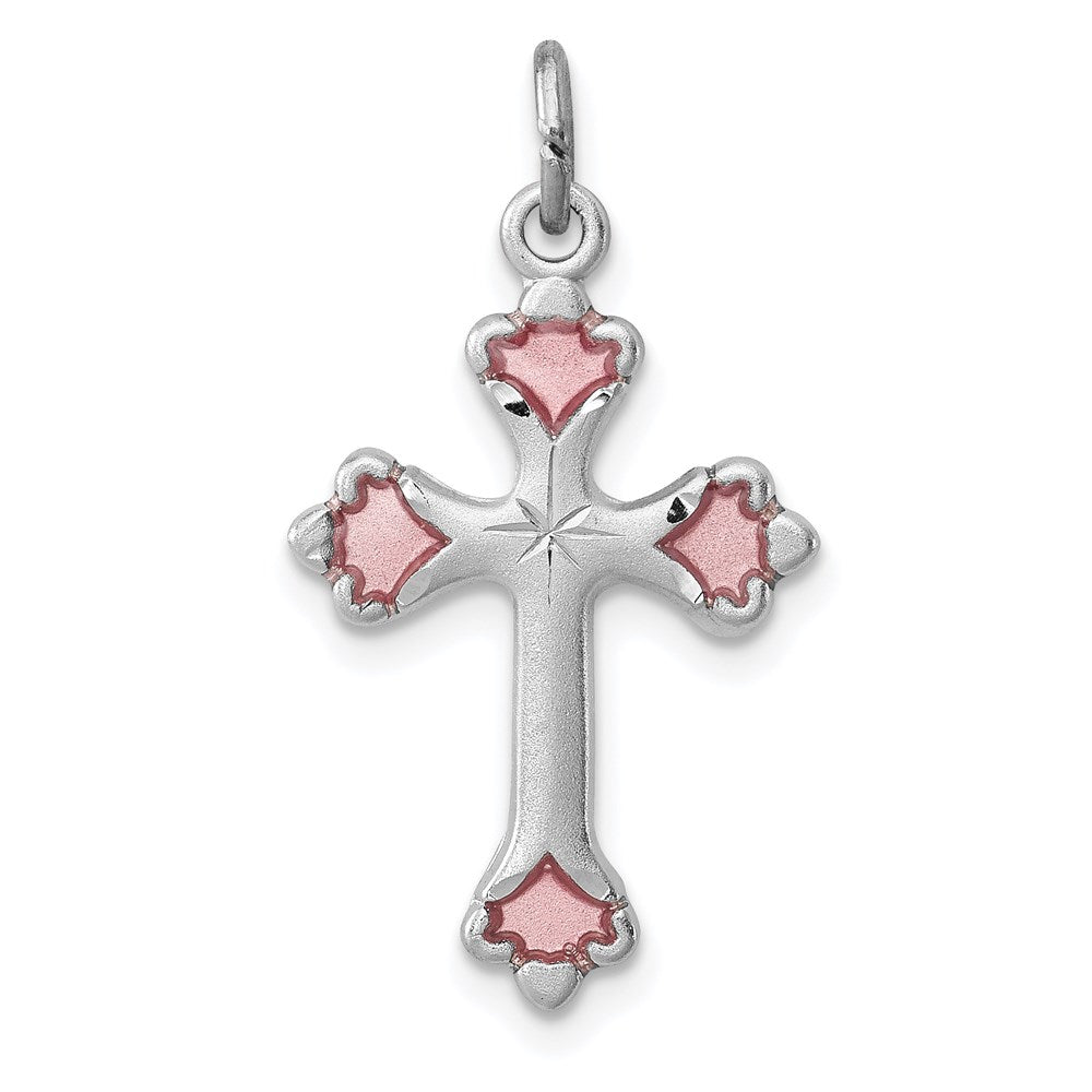 Sterlingsilber Rhodiniert Rosa Emailliert Knospend Kreuz Charm