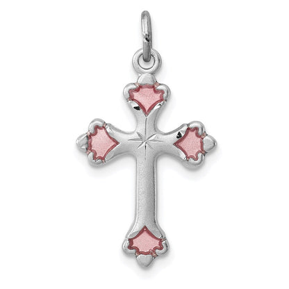 Sterlingsilber Rhodiniert Rosa Emailliert Knospend Kreuz Charm