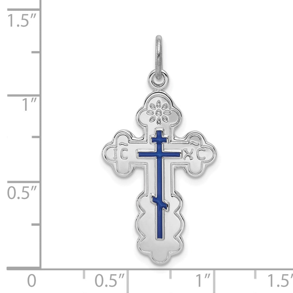 Sterlingsilber Rhodiniert Eastern Orthodox Blau Emaille Kreuz Anhänger