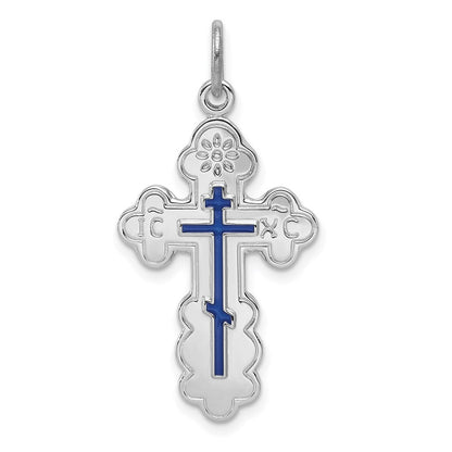 Sterlingsilber Rhodiniert Eastern Orthodox Blau Emaille Kreuz Anhänger