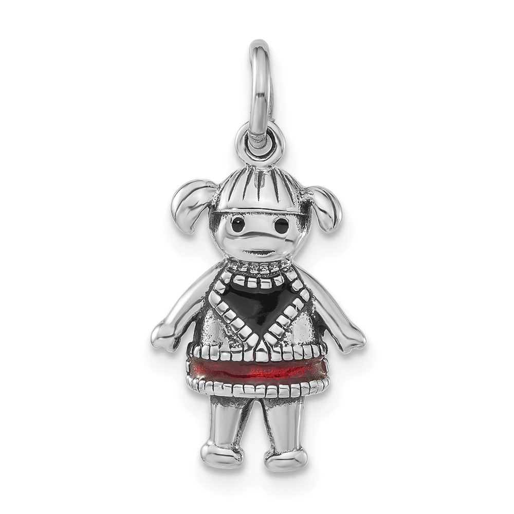 Sterlingsilber Poliert & Antikisiert Rot Schwarz Emaille Mädchen Charm