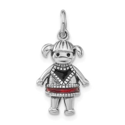 Sterlingsilber Poliert & Antikisiert Rot Schwarz Emaille Mädchen Charm