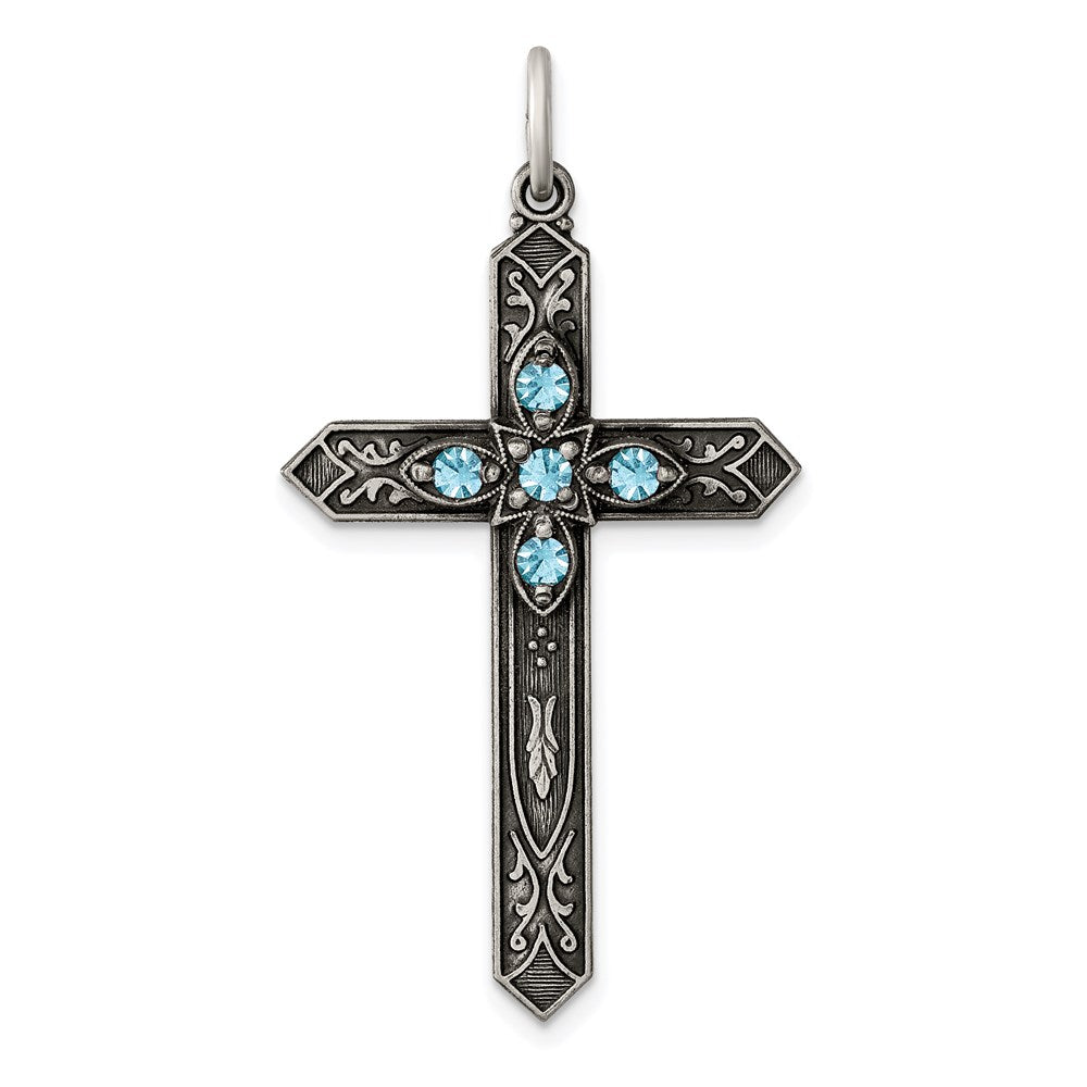 Sterlingsilber Antikisiert March Glas Geburtsstein Kreuz Anhänger