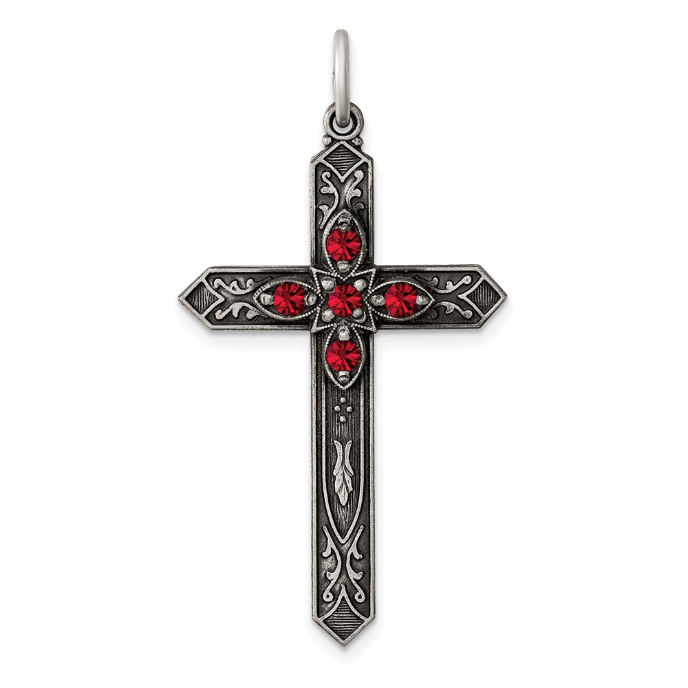 Sterlingsilber Rot Glas July Geburtsstein Antikisiert Kreuz Anhänger