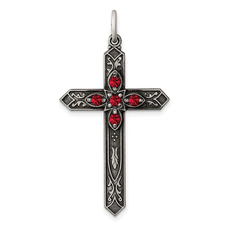 Sterlingsilber Rot Glas July Geburtsstein Antikisiert Kreuz Anhänger