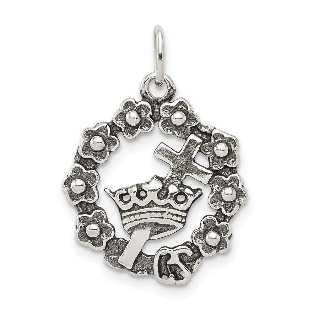 Sterlingsilber Antikisiert Kreuz, Krone & Wreath Charm