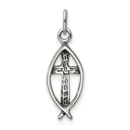 Sterlingsilber Antikisiert Ichthus Fisch Kreuz Charm