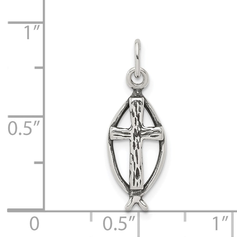 Sterlingsilber Antikisiert Ichthus Fisch Kreuz Charm