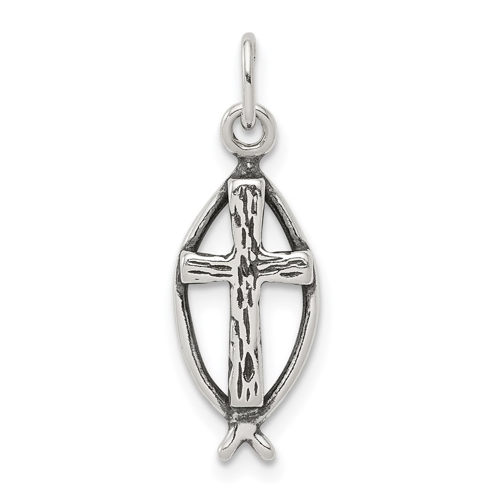 Sterlingsilber Antikisiert Ichthus Fisch Kreuz Charm