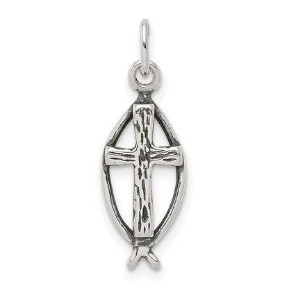 Sterlingsilber Antikisiert Ichthus Fisch Kreuz Charm